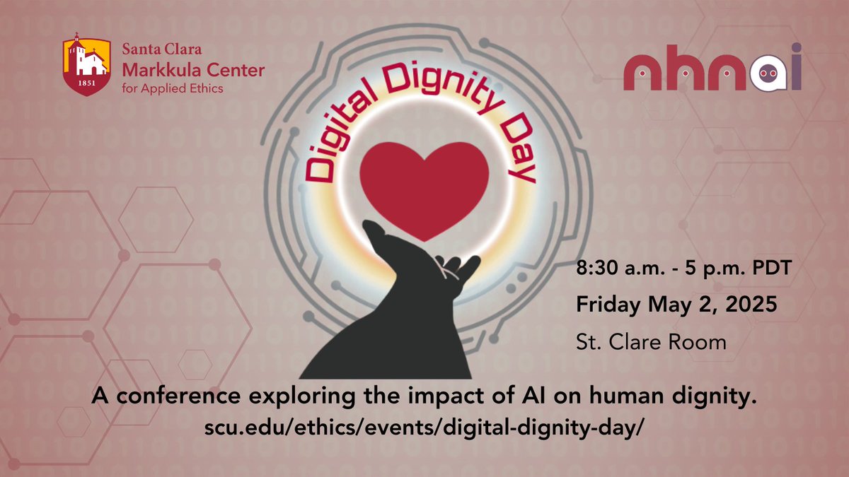 scuethics's tweet image. Join us May 2 for a daylong conference on the impact AI is having on human dignity, part of our work in the international project NHNAI.

🗓️, 8:30 a.m. - 5 p.m. PDT  Fri., May 2, 2025
📍: St. Clare Room, Learning Commons, SCU or via Livestream

Register: scu.edu/ethics/events/…