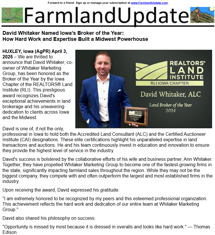 FarmlandUpdate's tweet photo. Congrats!! David Whitaker @farmlandguy Named Iowa’s Broker of the Year:  How Hard Work and Expertise Built a Midwest Powerhouse. @WMGAuction https://t.co/Jzzcwj8sOc #Farmland #FarmlandInvestment https://t.co/96OUCbvQIz https://t.co/b51Jo9bD5I