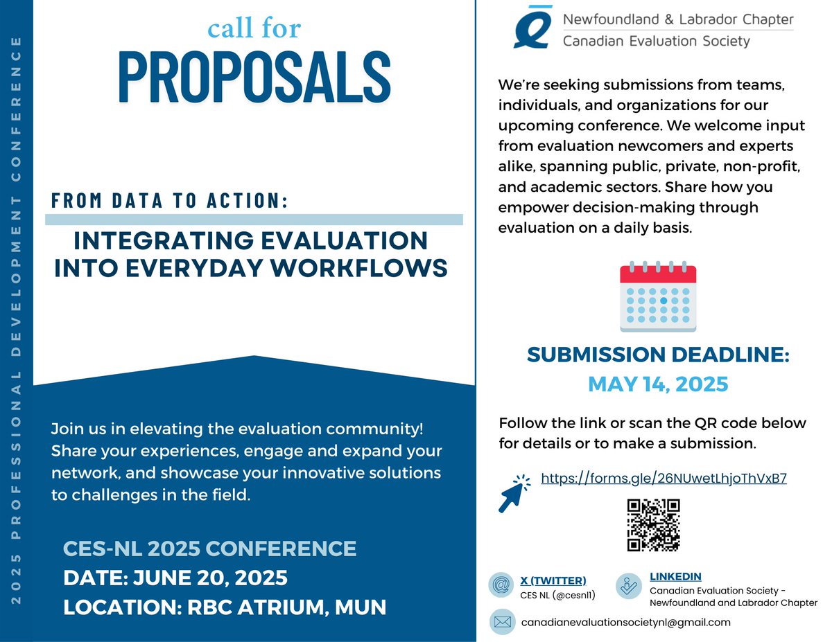 Attention NL evaluators!

Our one day professional conference is June 20. Share what you’ve been working on and submit a proposal before May 14, 2025. 

We’re also seeking nominations for upcoming vacancies on our board. Join us to help build evaluation capacity in the province!