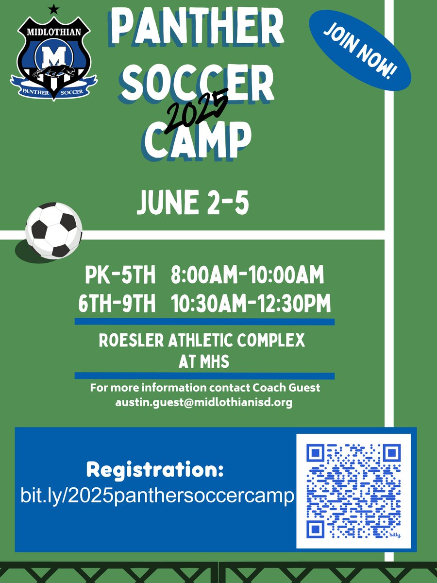 MHS Girls Soccer (@midlo_gsoccer) on Twitter photo Summer is coming...don't miss out on our annual Panther Soccer Camp. Sign up at bit.ly/2025panthersocโฆโฆ. #summer2025 #soccercamp
<a href="/MISD_Athletics/">Midlothian ISD Athletics</a>
<a href="/MHSPanthers/">Midlothian High School</a>
<a href="/MHSsoccerBC/">Midlothian High School Soccer</a>
<a href="/JAVitovsky_Elem/">JA Vitovsky Elem.</a>
<a href="/JRIrvin_Elem/">JR Irvin Elementary</a>
<a href="/MtPeak_Elem/">Mt. Peak Elementary</a>
<a href="/LMiller_Elem/">LaRue Miller Elem.</a>
<a href="/JColemanElem/">Jean Coleman Elementary</a> Summer is coming...don't miss out on our annual Panther Soccer Camp. Sign up at bit.ly/2025panthersocโฆโฆ. #summer2025 #soccercamp
<a href="/MISD_Athletics/">Midlothian ISD Athletics</a>
<a href="/MHSPanthers/">Midlothian High School</a>
<a href="/MHSsoccerBC/">Midlothian High School Soccer</a>
<a href="/JAVitovsky_Elem/">JA Vitovsky Elem.</a>
<a href="/JRIrvin_Elem/">JR Irvin Elementary</a>
<a href="/MtPeak_Elem/">Mt. Peak Elementary</a>
<a href="/LMiller_Elem/">LaRue Miller Elem.</a>
<a href="/JColemanElem/">Jean Coleman Elementary</a>