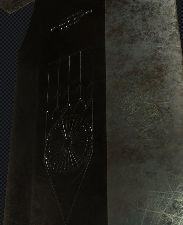 Redid the sword engravings, but keeping the text. currently working on the hilt engravings. was inspired by gothic church steeples.