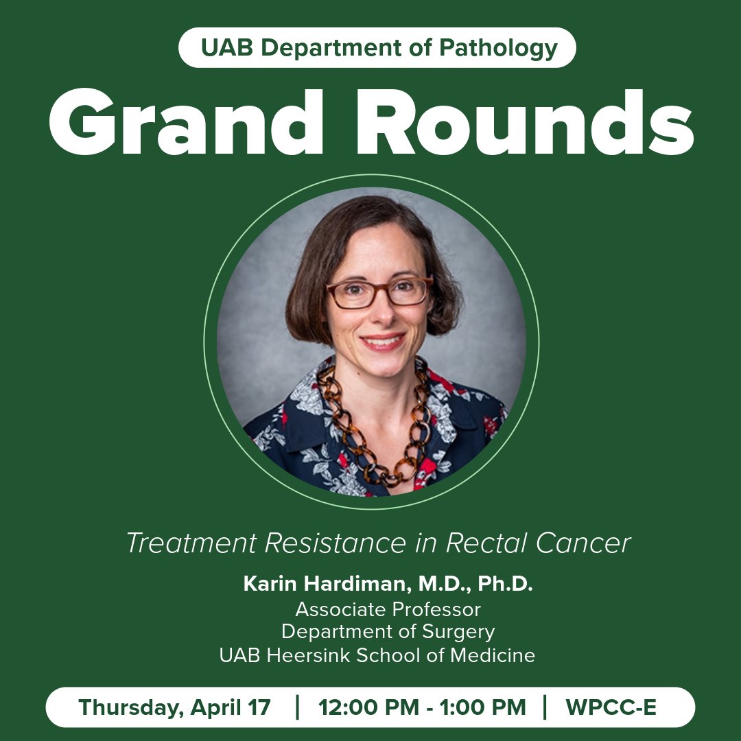 UAB Pathology (@uabpathology) on Twitter photo Join us Thursday, April 17 for UAB Pathology Grand Rounds ft. Karin Hardiman, M.D., Ph.D., Associate Professor, <a href="/UABSurgery/">UAB Surgery</a>, for "Treatment Resistance in Rectal Cancer." Register here: bit.ly/4jtTygX Join us Thursday, April 17 for UAB Pathology Grand Rounds ft. Karin Hardiman, M.D., Ph.D., Associate Professor, <a href="/UABSurgery/">UAB Surgery</a>, for "Treatment Resistance in Rectal Cancer." Register here: bit.ly/4jtTygX