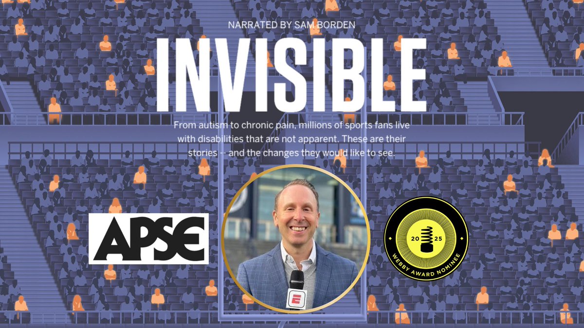 Congrats to <a href="/SamBorden/">Sam Borden</a> &amp; team on recent 'Invisible' honors

An ESPN multimedia presentation exploring treatment of sports fans w/non-apparent disabilities: bit.ly/42ryMHS

•<a href="/APSE_sportmedia/">APSE</a> 1st Place (Div. A Projects)
•#WebbyAwards nom
•#SportsEmmys nom (Interactive