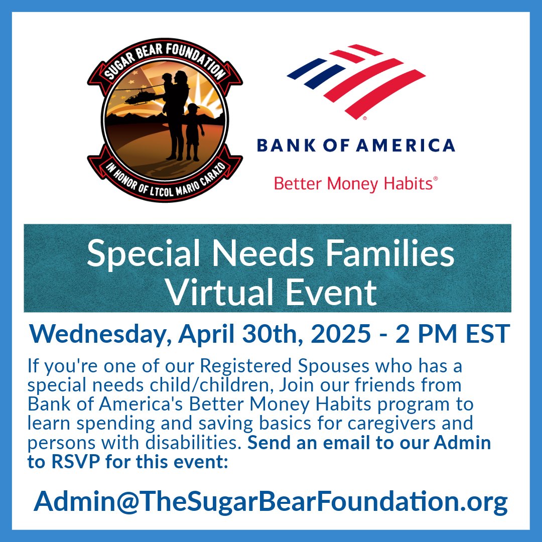SugarBearFdn's tweet image. This offering is available for both our Gold Star/Surviving Spouses and providers who support them. Contact us to learn more.