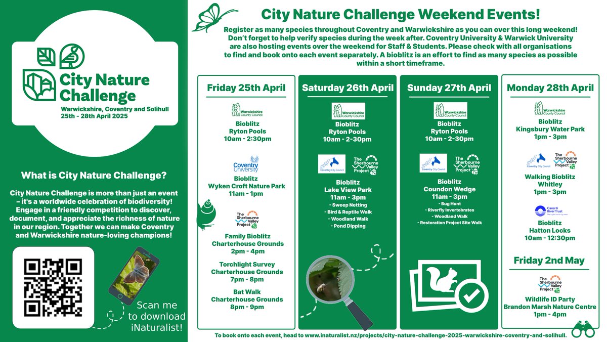 City Nature Challenge is back – 25–28 April 2025 🌍

Now in its 10th year, this global bioblitz invites cities to record as much wildlife as possible using the iNaturalist app.

Explore our region's project: inaturalist.nz/projects/city-…
#CityNatureChallenge #cnc25 #covwarkscnc25