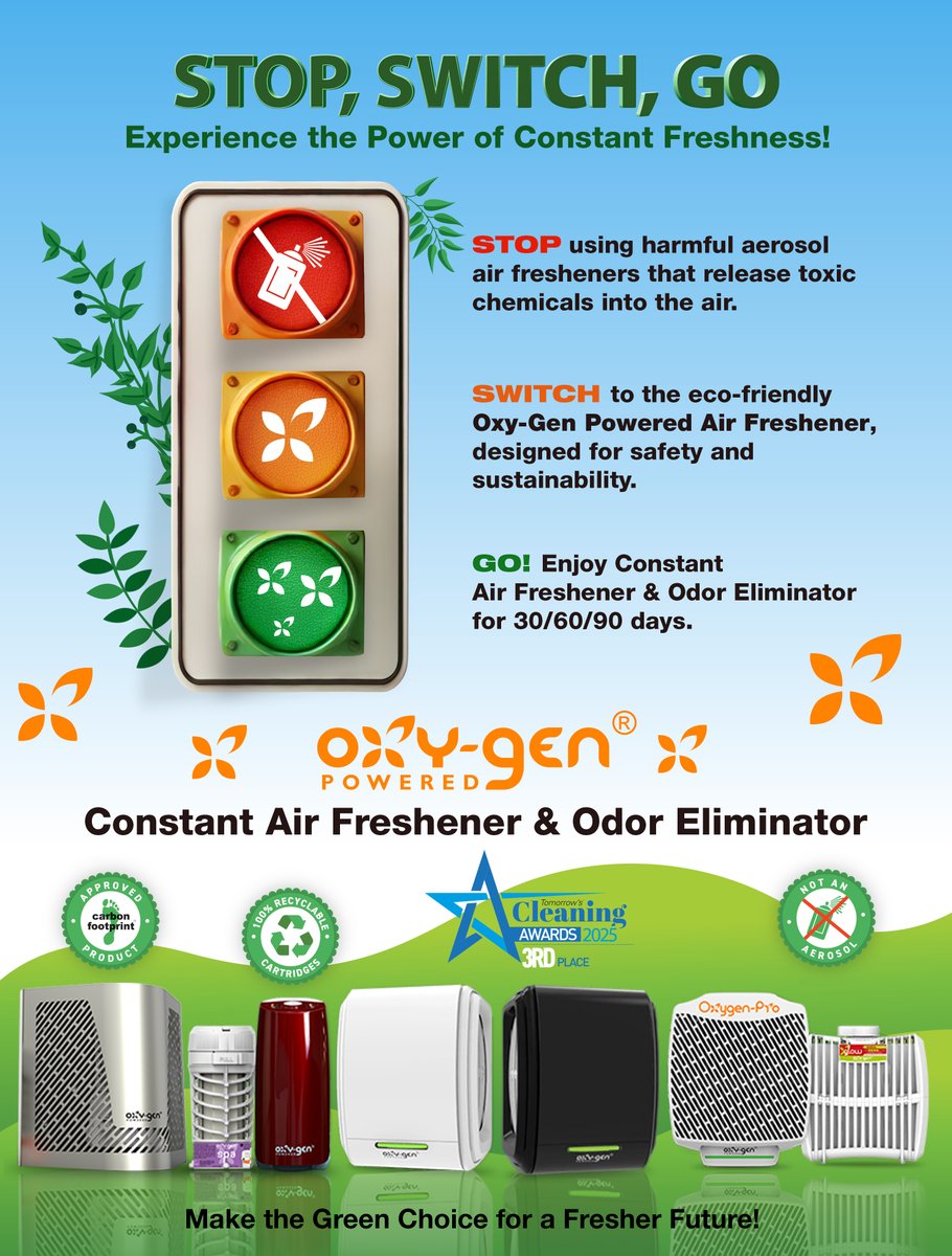 🚦 STOP. SWITCH. GO.
 Tired of stinky spaces? Let’s freshen up – the green way! 🌿
✅ Smells amazing for 30/60/90 days
✅ Eco-friendly 
✅ No nasty aerosols or propellants🚫
Make the switch to Oxy-Gen Powered – your nose (and the planet) will thank you! 💚

#AwardWinnningProduct