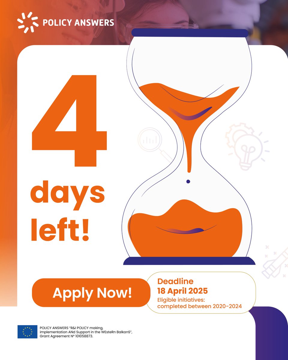 📣 4 DAYS LEFT to apply! Are you leading an initiative that involved youth in research &amp; innovation in the Western Balkans between 2020–2024? 🧠

Now’s your chance to win up to EUR 8,000 and inspire the next generation.

Learn more and apply here🔗 bit.ly/3CYLGUW