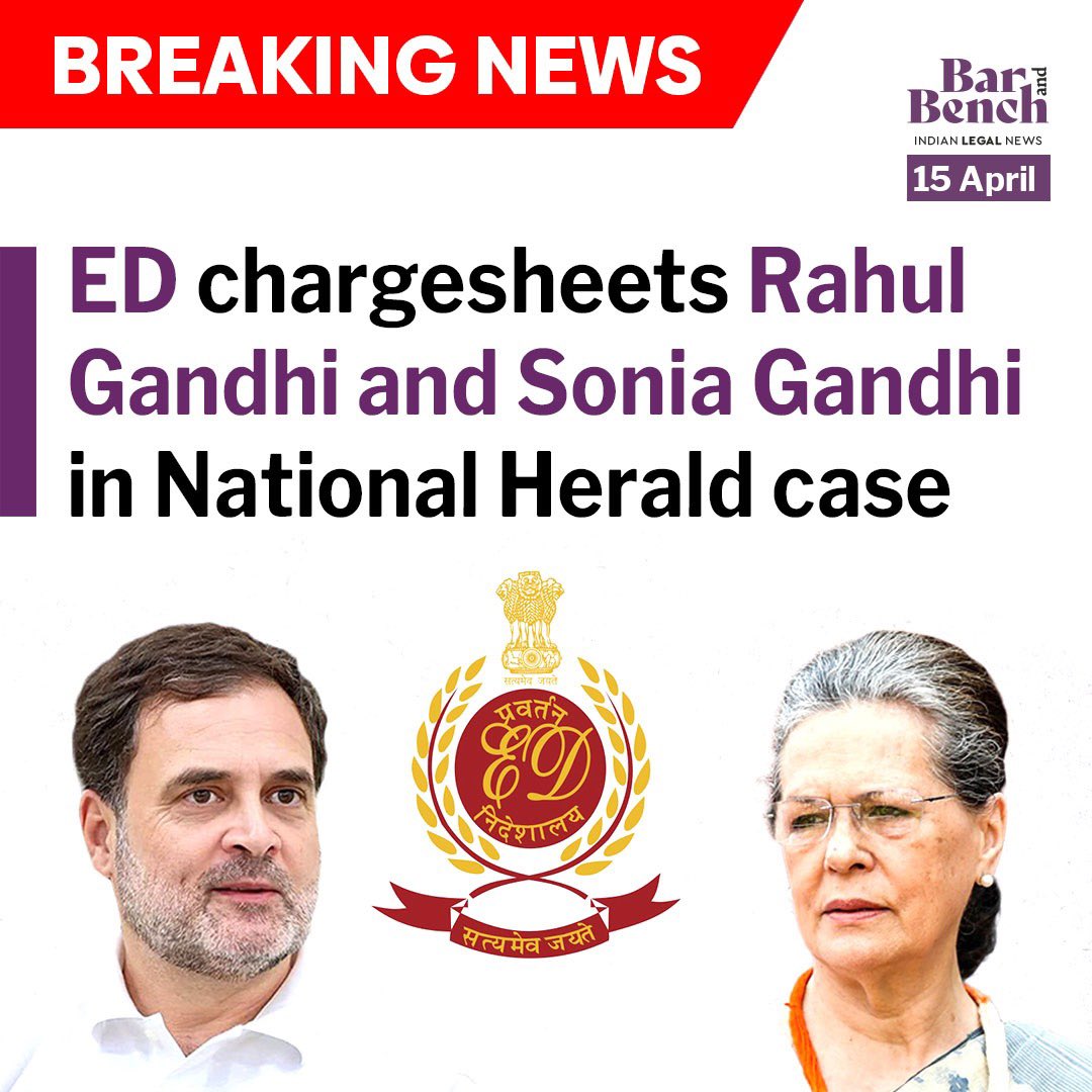 barandbench's tweet photo. BREAKING: ED chargesheets Rahul Gandhi and Sonia Gandhi in National Herald case

BJP leader Subramanian Swamy has alleged that there was misappropriation of assets of over ₹2,000 crore in an equity transaction.

@RahulGandhi @dir_ed @Swamy39 

Read more: https://t.co/EiYr53ZQ8R https://t.co/DncqBoXYa5