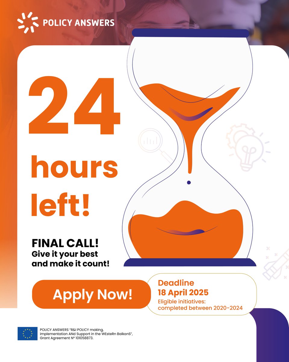 🔔 24 HOURS LEFT to apply for the Western Balkans R&amp;I Youth Awards!

This is your chance to:
 🏆 Win up to EUR 8,000
 🌟 Be one of six winners (1 per WB economy)
 🤝 Network with innovators, educators &amp; policymakers at a live event in Skopje

 📍 Apply: bit.ly/3CYLGUW