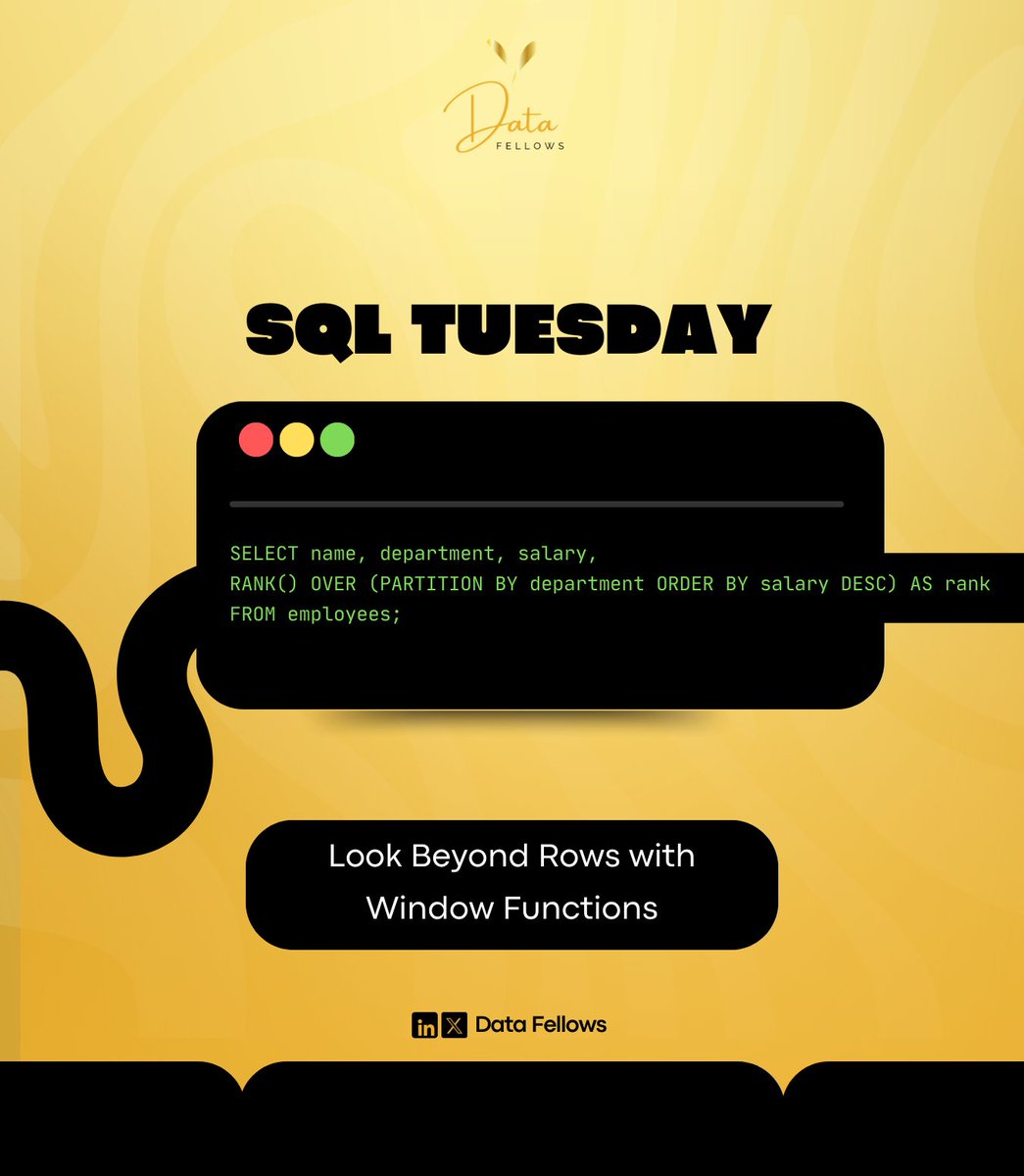 DatafellowsInfo's tweet image. Learn how ROW_NUMBER, RANK, and LAG/LEAD help analyze trends over time.

Fun Fact: Unlike GROUP BY, window functions retain all rows while computing metrics.

---
#Windows #SQLTuesday #dolar