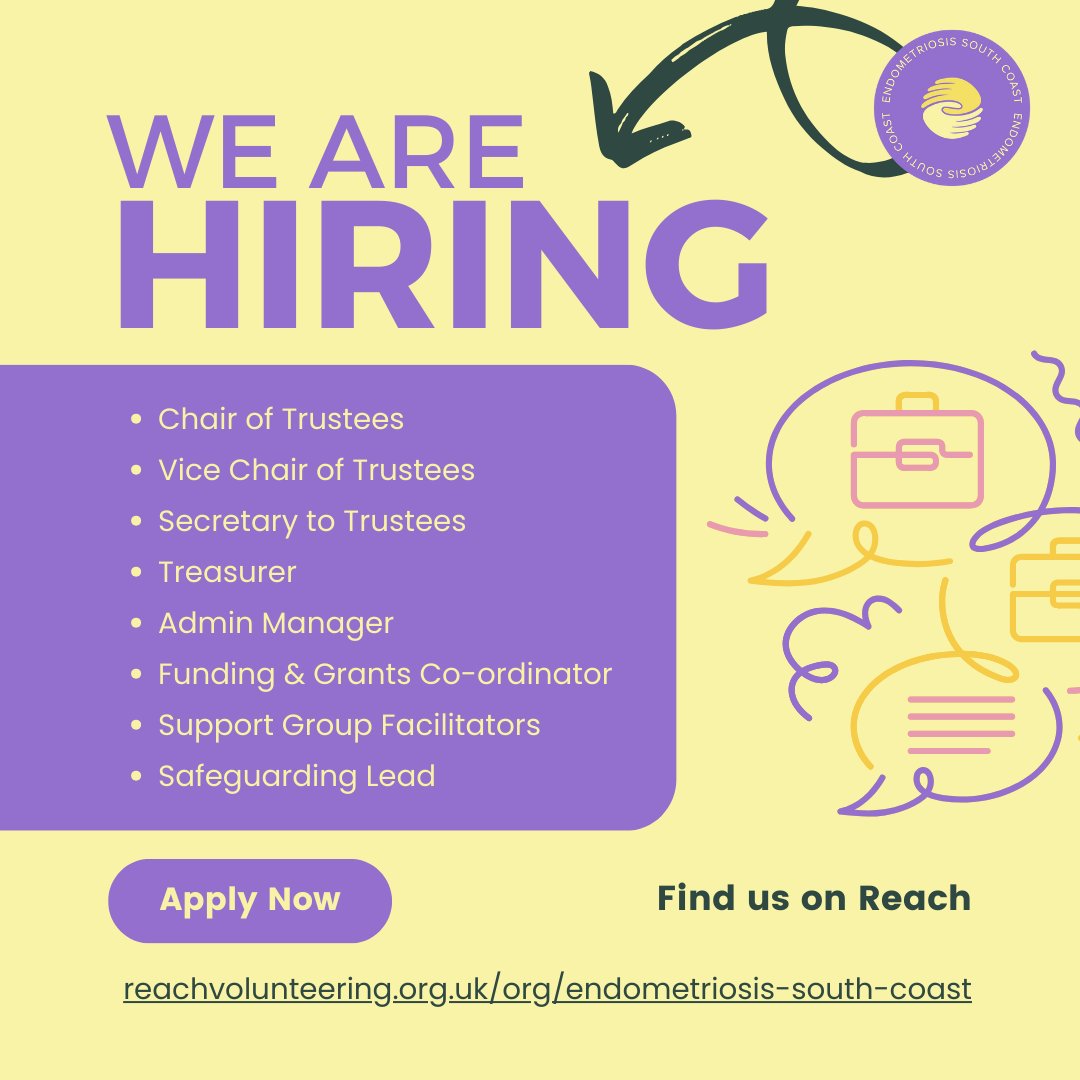 🌟 We're Hiring at Endo South Coast! 🌟

If you're ready to use your skills to support a vital cause, apply now via Reach. Let’s work together to create positive change 💛

#EndometriosisAwareness #VolunteerOpportunity #JoinOurTeam #MakeADifference #EndoSouthCoast