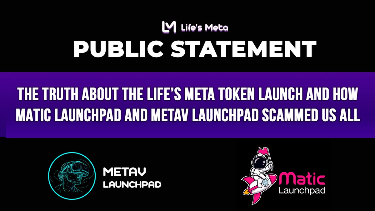 Life's Meta AI Storytelling Platform (@lifesmeta) on Twitter photo The truth about the Lifeโs Meta token launch and how
<a href="/MaticLaunchpad/">MATICPAD V2๐</a> & <a href="/MetavLaunchpad/">MetaV Launchpad</a> scammed us all.
We launched the first AI-powered Narrative latform, and trusted two launchpads that ended up crushing our project and stealing community funds. The truth about the Lifeโs Meta token launch and how
<a href="/MaticLaunchpad/">MATICPAD V2๐</a> & <a href="/MetavLaunchpad/">MetaV Launchpad</a> scammed us all.
We launched the first AI-powered Narrative latform, and trusted two launchpads that ended up crushing our project and stealing community funds.