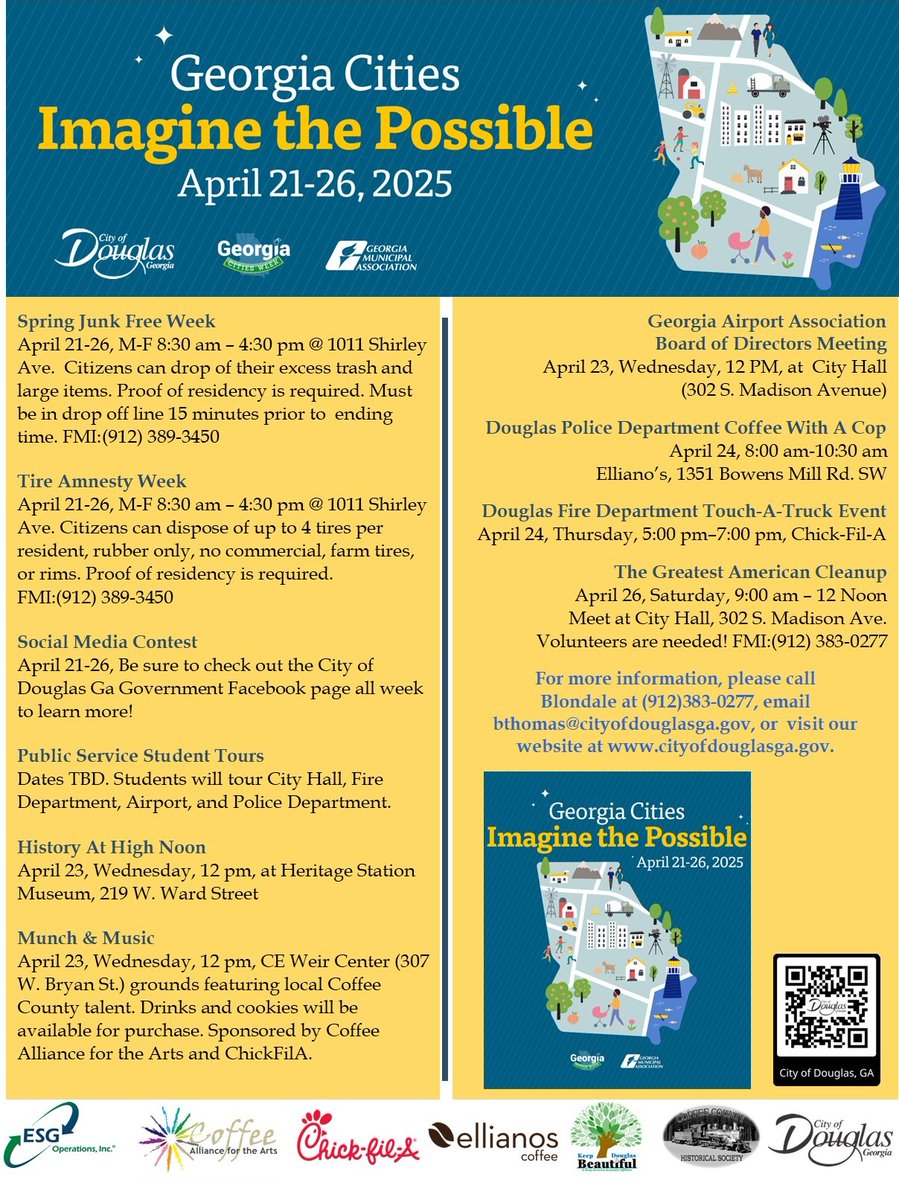 Georgia Cities Week is coming up April 21-26 and we have a week full of initiatives and events for our citizens! #GaCitiesWeek #DouglasGa