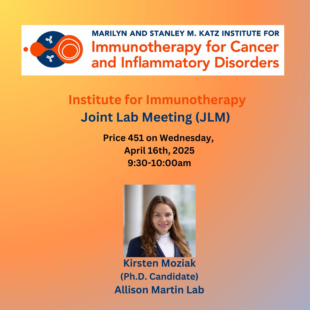 Katz Institute for Immunotherapy (@ifi_einstein) on Twitter photo 🚨Next JLM session alert🚨
Join us on April 16th for an exciting dive into cutting-edge research on #ImmuneCheckpoint & #Cancerbiology!
🎤Key Presenter: Kirsten Moziak (Allison Martin Lab)
<a href="/EinsteinPhD/">EinsteinPhD</a>
<a href="/ae_cancercenter/">ME Cancer Center</a>
<a href="/EinsteinMSTP/">EinsteinMSTP</a>
<a href="/EinsteinMed/">Albert Einstein College of Medicine - Official</a>
<a href="/MontefioreNYC/">Montefiore Health System</a> 🚨Next JLM session alert🚨
Join us on April 16th for an exciting dive into cutting-edge research on #ImmuneCheckpoint & #Cancerbiology!
🎤Key Presenter: Kirsten Moziak (Allison Martin Lab)
<a href="/EinsteinPhD/">EinsteinPhD</a>
<a href="/ae_cancercenter/">ME Cancer Center</a>
<a href="/EinsteinMSTP/">EinsteinMSTP</a>
<a href="/EinsteinMed/">Albert Einstein College of Medicine - Official</a>
<a href="/MontefioreNYC/">Montefiore Health System</a>