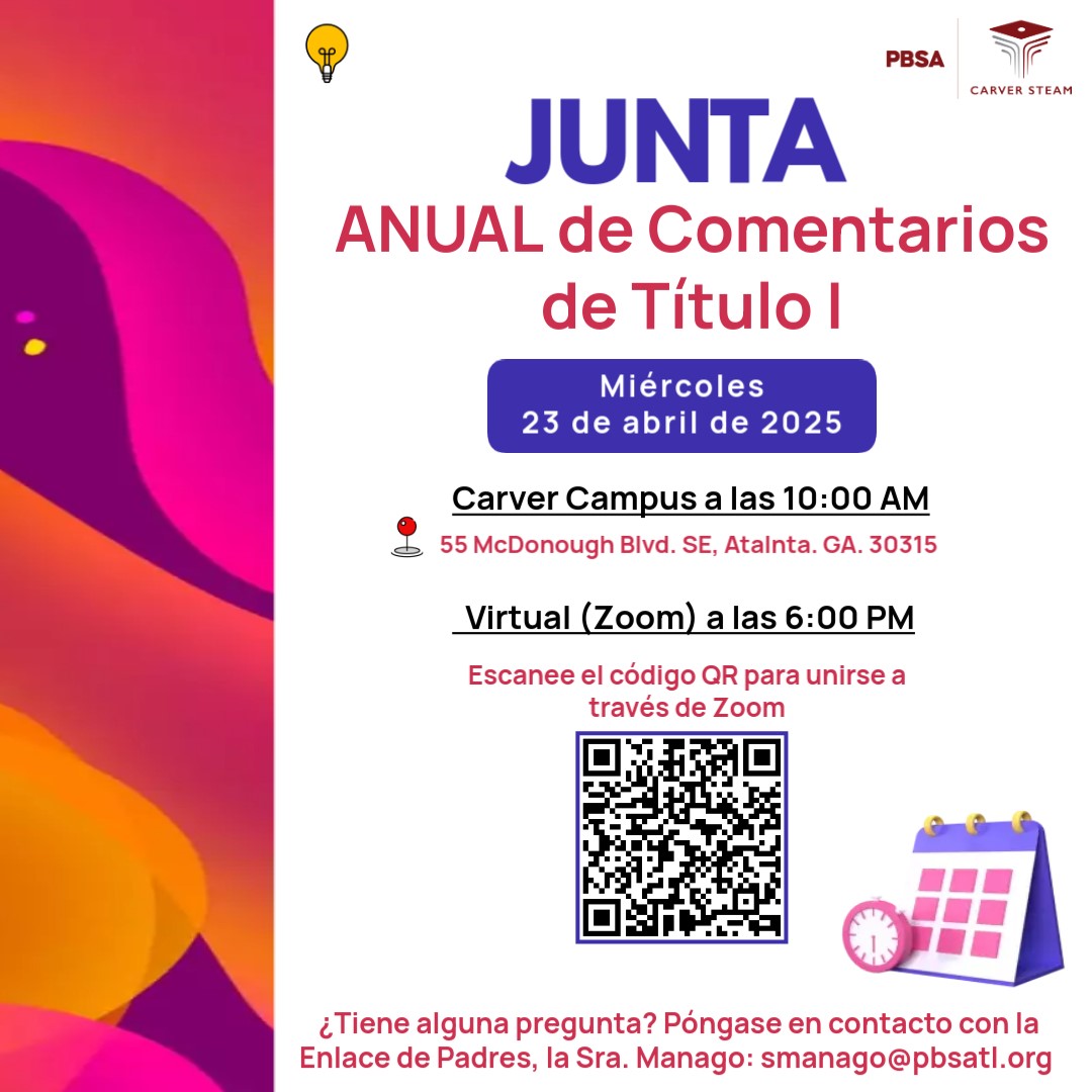 Carver STEAM PBSA (@carverpbsa) on Twitter photo Greetings Panther Families! Our Annual Title I Input Meeting will take place Wednesday, April 23rd @ 6 p.m. via Zoom. Your presence and feedback are needed. Please use the QR code to attend. Thank You! <a href="/MsManago/">Parent Liaison Carver</a> <a href="/PBS_Atlanta/">Purpose Built Schools Atlanta</a> <a href="/apsupdate/">ATL Public Schools</a> Greetings Panther Families! Our Annual Title I Input Meeting will take place Wednesday, April 23rd @ 6 p.m. via Zoom. Your presence and feedback are needed. Please use the QR code to attend. Thank You! <a href="/MsManago/">Parent Liaison Carver</a> <a href="/PBS_Atlanta/">Purpose Built Schools Atlanta</a> <a href="/apsupdate/">ATL Public Schools</a>