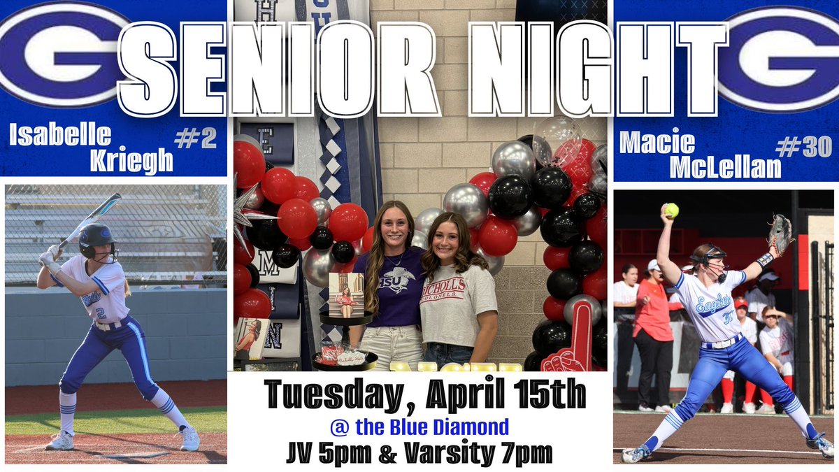 Tonight is Georgetown Softball Senior Night at the Blue Diamond! Come celebrate our seniors, Izzy Kriegh (Hardin-Simmons Commit) and Macie McLellan (Nicholls State Commit), and cheer on the Lady Eagles as we take on Dripping Springs! JV 5/Varsity 7💙🦅🥎