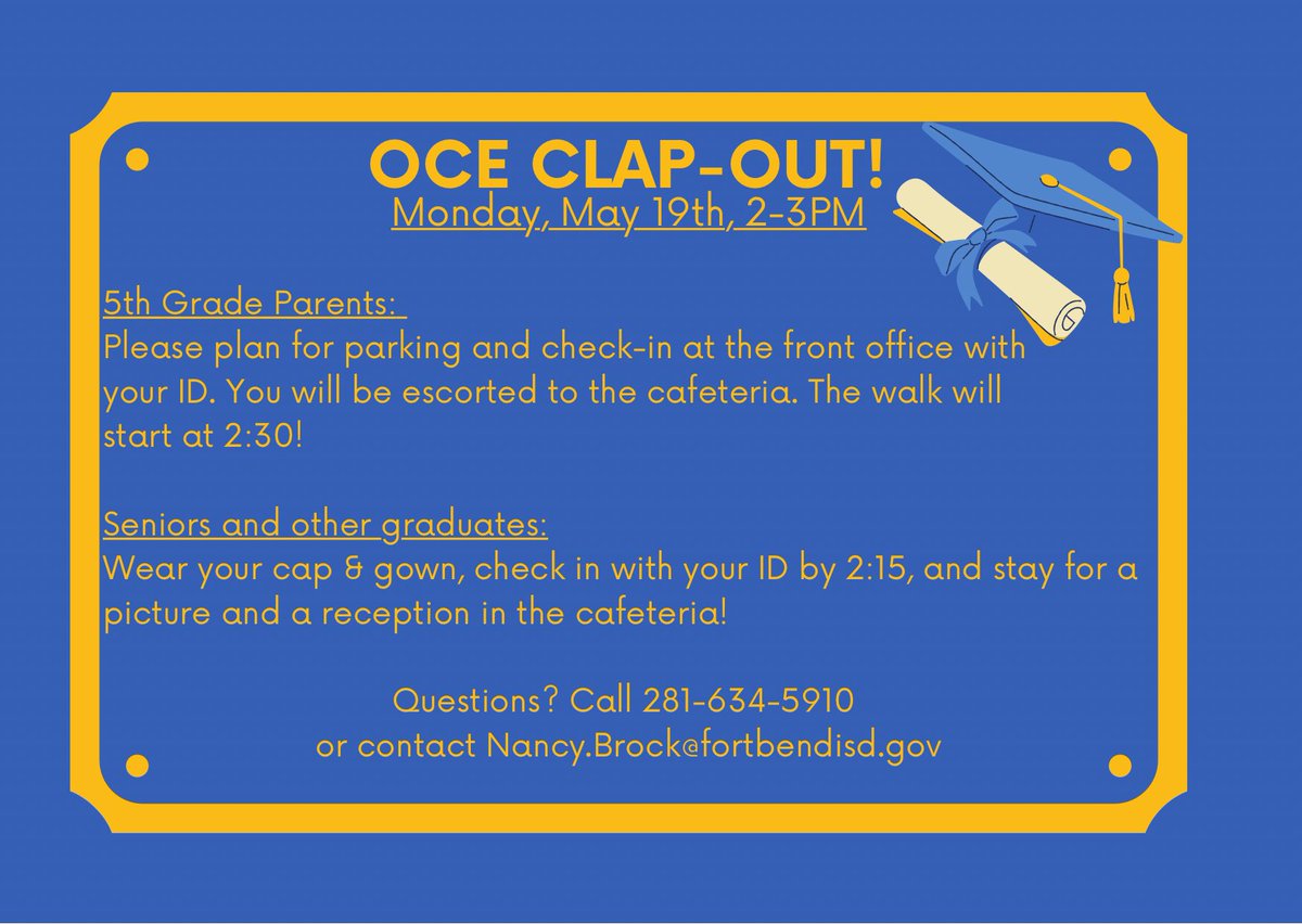 Oyster Creek Elementary (@oce_bluejays) on Twitter photo Calling all OCE graduates!🎓 Please make plans to join us! <a href="/SFAHS_Bulldogs/">Austin High School</a> <a href="/THS_Tigers/">Travis High School</a> <a href="/KHS_Cougars/">Kempner High School</a> 🎉 Calling all OCE graduates!🎓 Please make plans to join us! <a href="/SFAHS_Bulldogs/">Austin High School</a> <a href="/THS_Tigers/">Travis High School</a> <a href="/KHS_Cougars/">Kempner High School</a> 🎉
