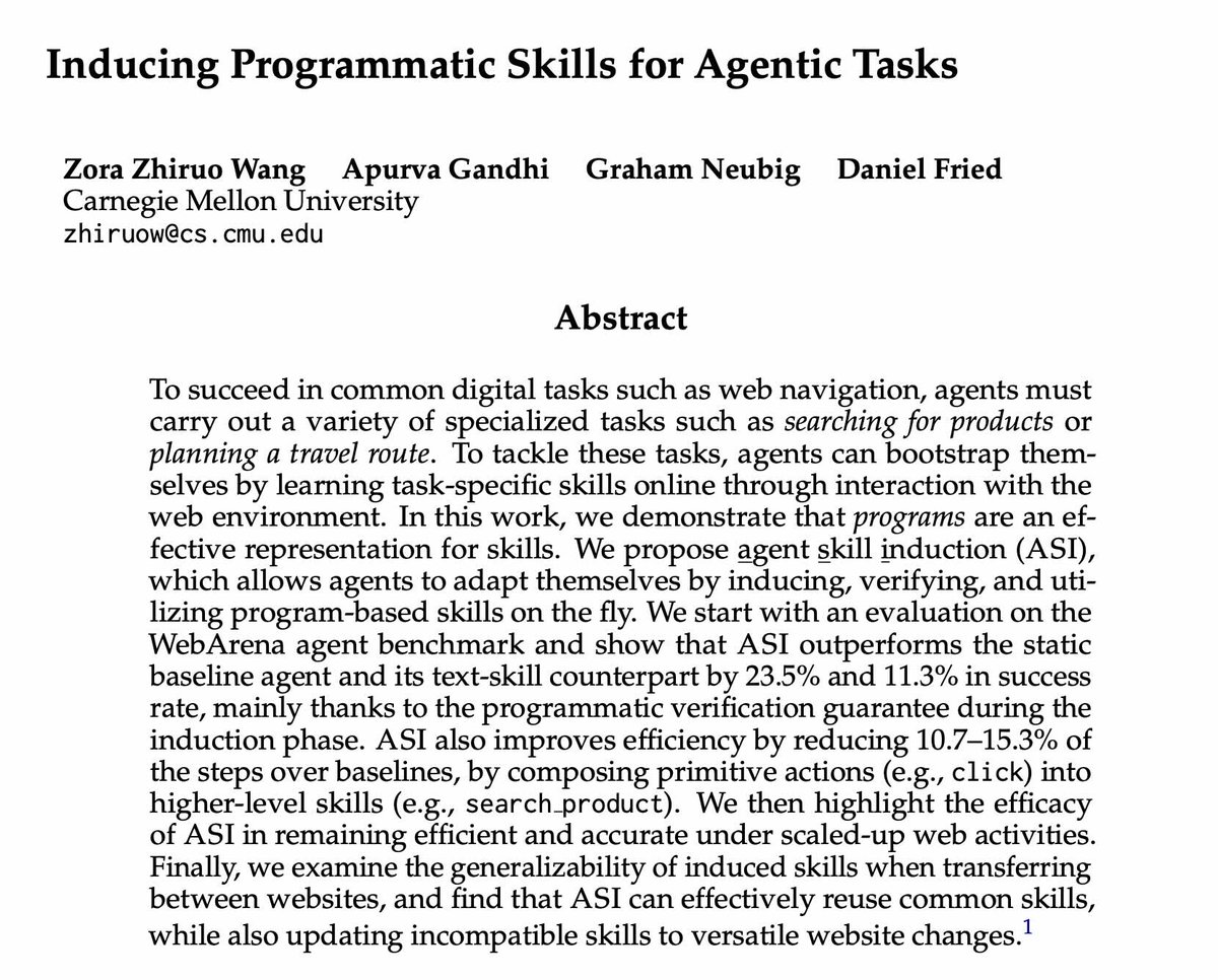 Meet ASI: Agent Skill Induction
A framework for online programmatic skill learning — no offline data, no training.
🧠 Build reusable skills during test
📈 +23.5% success, +15.3% efficiency
🌐 Scales to long-horizon tasks, transfers across websites

Let's dive in! 🧵