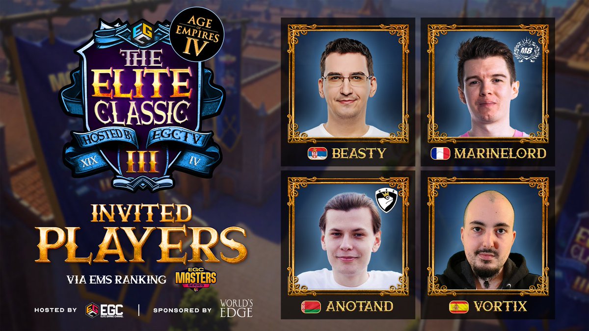 Elite Gaming Channel (@egctv_official) on Twitter photo Here are the first players in the Main Event of The Elite Classic III of <a href="/AgeOfEmpires/">Age of Empires</a> IV!
The EGC Masters: Winter Champion: <a href="/BeastyqtSC2/">Aleksandar Krstic</a>
The back-to-back champion of The Elite Classic, <a href="/MarineLorDSC2/">Alexis</a>
The latest rising star of AOEIV, <a href="/AAnotand/">Anotand</a>
The Spanish RTS Legend, <a href="/VortiX_93/">Juan Moreno Durán</a> Here are the first players in the Main Event of The Elite Classic III of <a href="/AgeOfEmpires/">Age of Empires</a> IV!
The EGC Masters: Winter Champion: <a href="/BeastyqtSC2/">Aleksandar Krstic</a>
The back-to-back champion of The Elite Classic, <a href="/MarineLorDSC2/">Alexis</a>
The latest rising star of AOEIV, <a href="/AAnotand/">Anotand</a>
The Spanish RTS Legend, <a href="/VortiX_93/">Juan Moreno Durán</a>