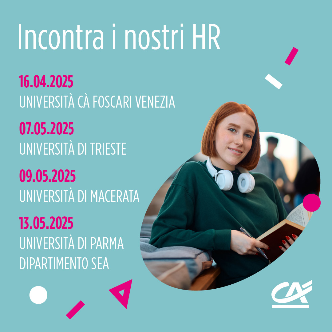 Crédit Agricole Italia (@ca_ita) on Twitter photo Crédit Agricole Italia ti aspetta: è il momento di incontrare il tuo futuro: vieni a scoprire chi siamo e come potresti crescere con noi.
Prossimi appuntamenti:
🗓 16/04 – <a href="/CaFoscari/">Unive Ca' Foscari</a>
🗓 7/05 – <a href="/UniTrieste/">Università di Trieste</a>
🗓 9/05 – <a href="/UniMC/">Università di Macerata</a>
🗓 13/05 - @Unipr Crédit Agricole Italia ti aspetta: è il momento di incontrare il tuo futuro: vieni a scoprire chi siamo e come potresti crescere con noi.
Prossimi appuntamenti:
🗓 16/04 – <a href="/CaFoscari/">Unive Ca' Foscari</a>
🗓 7/05 – <a href="/UniTrieste/">Università di Trieste</a>
🗓 9/05 – <a href="/UniMC/">Università di Macerata</a>
🗓 13/05 - @Unipr