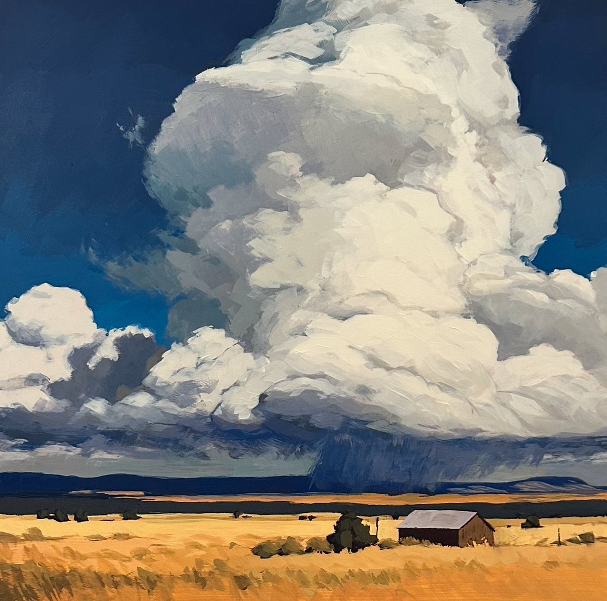 This one is for my dad who I lost a year ago. He was a research meteorologist who studied hail storms. If we came across a storm like this while driving, we’d definitely be stopping the car and getting out to watch.

TOWERING STORM, 16x16”, Acrylic ©2025 Jim Musil