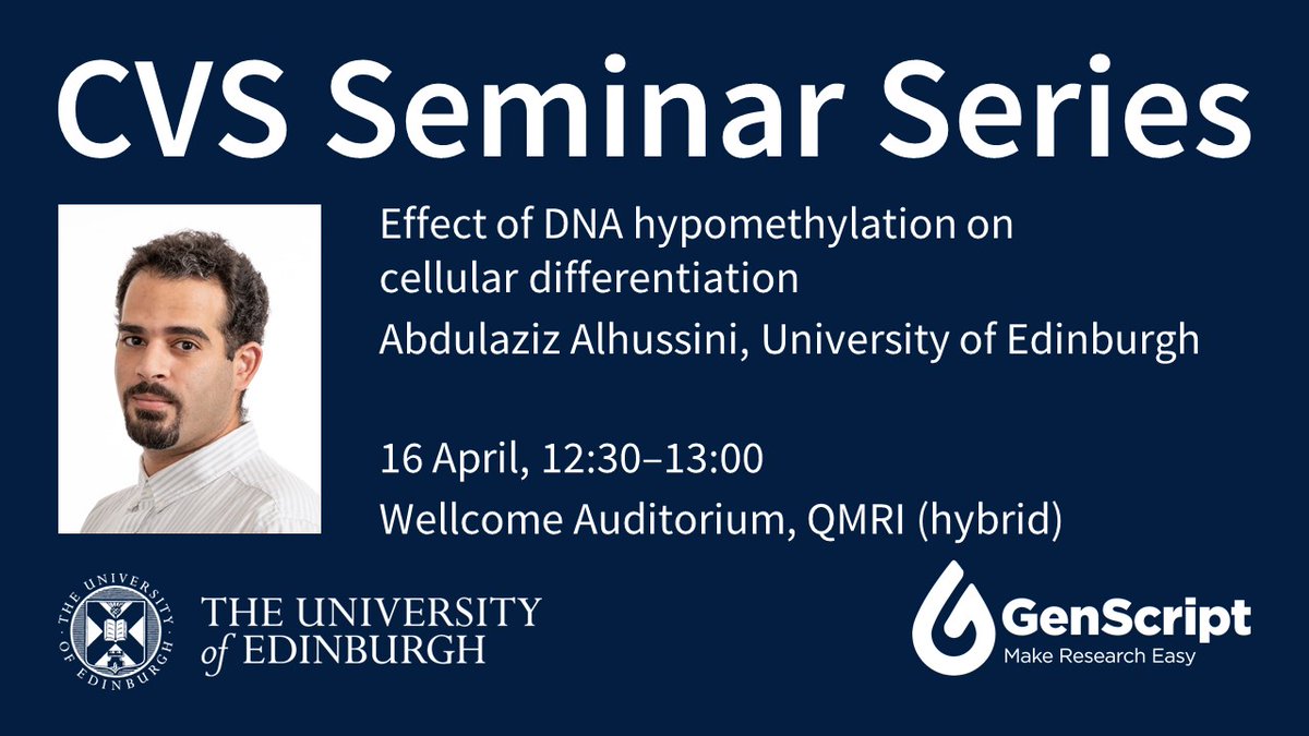 EdinUniCVS (@edinunicvs) on Twitter photo Join us for this week’s CVS Seminar, where Abdulaziz Alhussini will discuss the effect of DNA hypomethylation on cellular differentiation
🗓️ 16 April, 12:30–13:00
Wellcome Auditorium, QMRI <a href="/EdinburghBQ/">Edinburgh BioQuarter</a>
Join on Teams ➡️ edin.ac/3G0gdTA Join us for this week’s CVS Seminar, where Abdulaziz Alhussini will discuss the effect of DNA hypomethylation on cellular differentiation
🗓️ 16 April, 12:30–13:00
Wellcome Auditorium, QMRI <a href="/EdinburghBQ/">Edinburgh BioQuarter</a>
Join on Teams ➡️ edin.ac/3G0gdTA