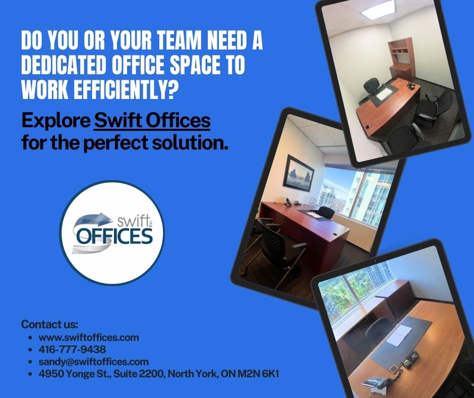 Swift Offices (@swiftoffices) on Twitter photo Looking for the perfect office space? Swift Offices has everything you need to succeed and grow.
☏ (416)-777-9438
✉ sandy@swiftoffices.com
#SwiftOffices #CoworkingSpace #OfficeLeasing #OfficeSpace #SharedOffice #OfficeSpaceForRent #BusinessSpace #OfficeRental #Toronto Looking for the perfect office space? Swift Offices has everything you need to succeed and grow.
☏ (416)-777-9438
✉ sandy@swiftoffices.com
#SwiftOffices #CoworkingSpace #OfficeLeasing #OfficeSpace #SharedOffice #OfficeSpaceForRent #BusinessSpace #OfficeRental #Toronto