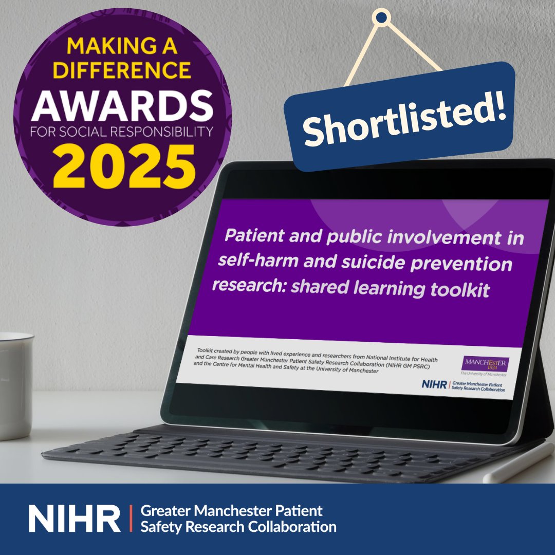 NIHR Greater Manchester PSRC (@gm_psrc) on Twitter photo 📢We have been shortlisted for the <a href="/OfficialUoM/">The University of Manchester</a> ‘Making a Difference Awards’ for our work in sharing best practice for public engagement in suicide prevention. Huge congrats to the team 👏
Check out our shortlisted toolkits: psrc-gm.nihr.ac.uk/public-involve…
#patientsafety <a href="/NIHRresearch/">National Institute for Health and Care Research</a> 📢We have been shortlisted for the <a href="/OfficialUoM/">The University of Manchester</a> ‘Making a Difference Awards’ for our work in sharing best practice for public engagement in suicide prevention. Huge congrats to the team 👏
Check out our shortlisted toolkits: psrc-gm.nihr.ac.uk/public-involve…
#patientsafety <a href="/NIHRresearch/">National Institute for Health and Care Research</a>