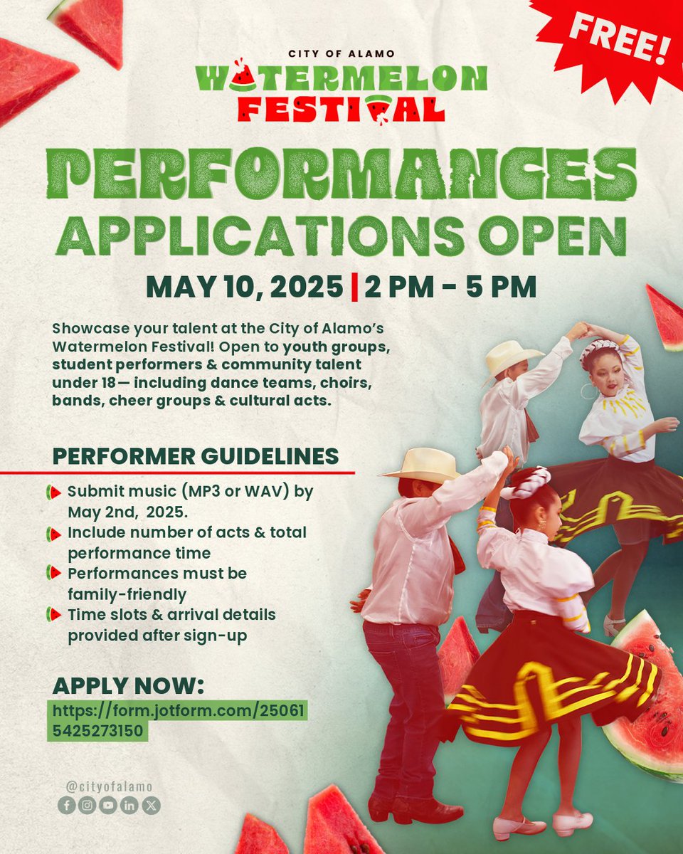 CityofAlamo's tweet image. Calling all local performers! 🍉🎶

We&apos;re opening the stage for performers during our Community Showcase Hour on Saturday, May 10 from 3 PM – 5 PM at the Alamo Sports Complex!

Sign up now: form.jotform.com/250615425273150

#WatermelonFestival #AlamoTX #RGVEvents