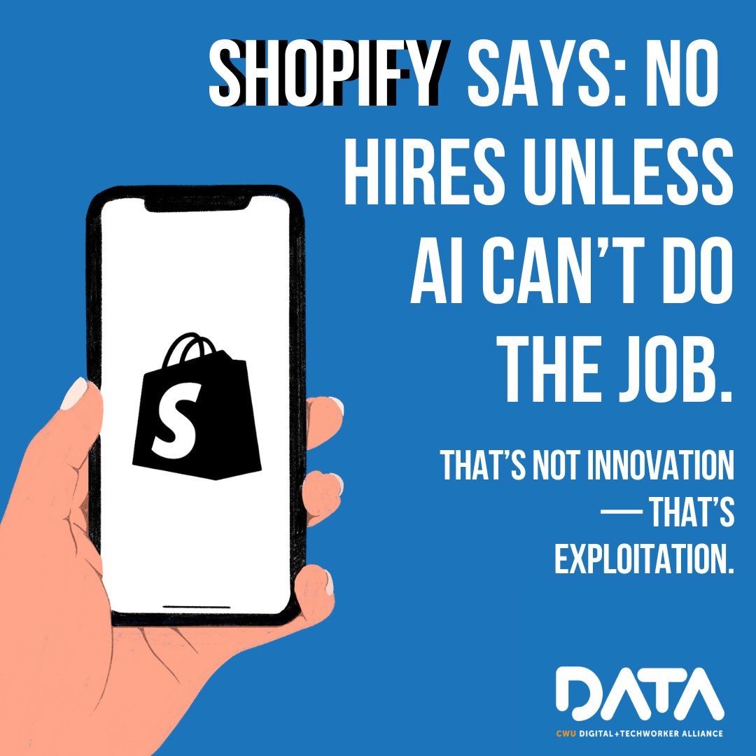 DATACWU's tweet image. AI isn’t a substitute for human work. At Shopify, teams must prove AI can’t do the job before hiring.

Workers deserve a say in how tech shapes their jobs. 

📢 Join at datacwu.ie
✊ Be part of the fight for a fair future.

 #DATACWU #Shopify #TechWorkers