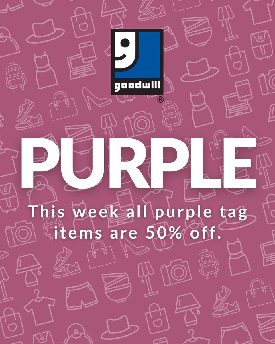 💜 It’s time to thrift purple! Purple tags are 50% off this week. Don’t miss your chance to shop sustainably and give back to your community through Goodwill’s programs and services.

#ThriftLikeAPro #GoodwillFinds #50PercentOff