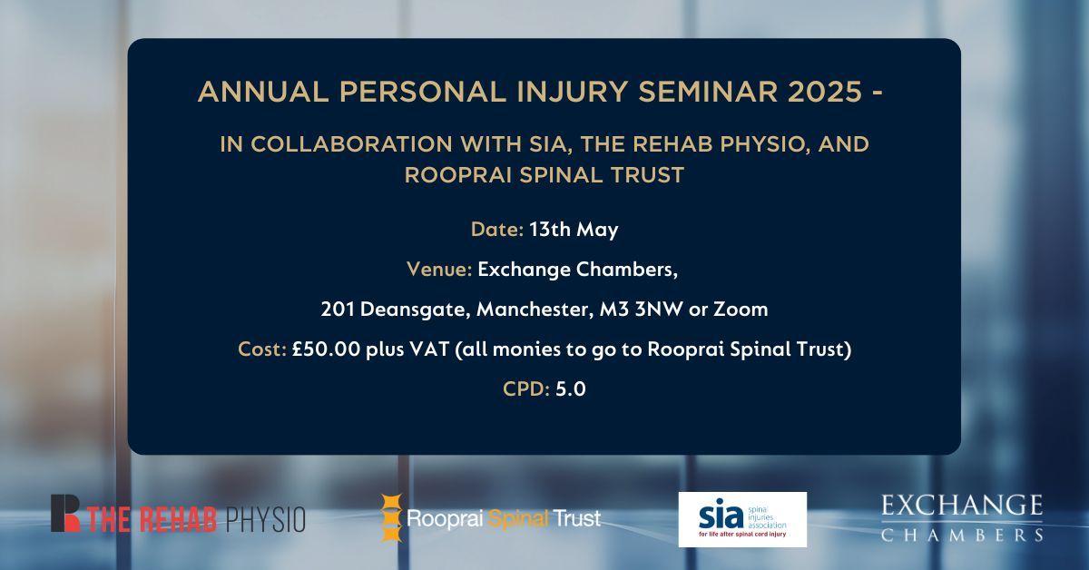 Exchange Chambers (@exchangec) on Twitter photo Our 2025 Annual Personal Injury Seminar, in collaboration with <a href="/spinalinjuries/">Spinal Injuries Association</a>, <a href="/TheRehabPhysio/">The Rehab Physio</a>, and our official charity partner, <a href="/RSTrust/">Rooprai Spinal Trust</a>, will be taking place on the 13th May. For full details and to book your place, please visit: buff.ly/hjJ6L6h Our 2025 Annual Personal Injury Seminar, in collaboration with <a href="/spinalinjuries/">Spinal Injuries Association</a>, <a href="/TheRehabPhysio/">The Rehab Physio</a>, and our official charity partner, <a href="/RSTrust/">Rooprai Spinal Trust</a>, will be taking place on the 13th May. For full details and to book your place, please visit: buff.ly/hjJ6L6h