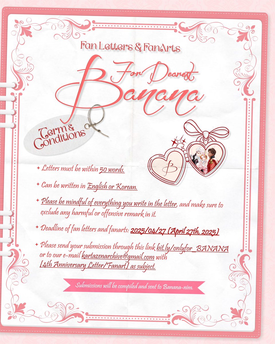 💌 Send your love to Banana-nim!

To celebrate <Secret Lady>’s 4th anniversary, we’re collecting congratulatory letters and fanarts from readers.

Please refer to notice below on how to submit yours.

Link: bit.ly/onlyfor_BANANA

#SecretLady