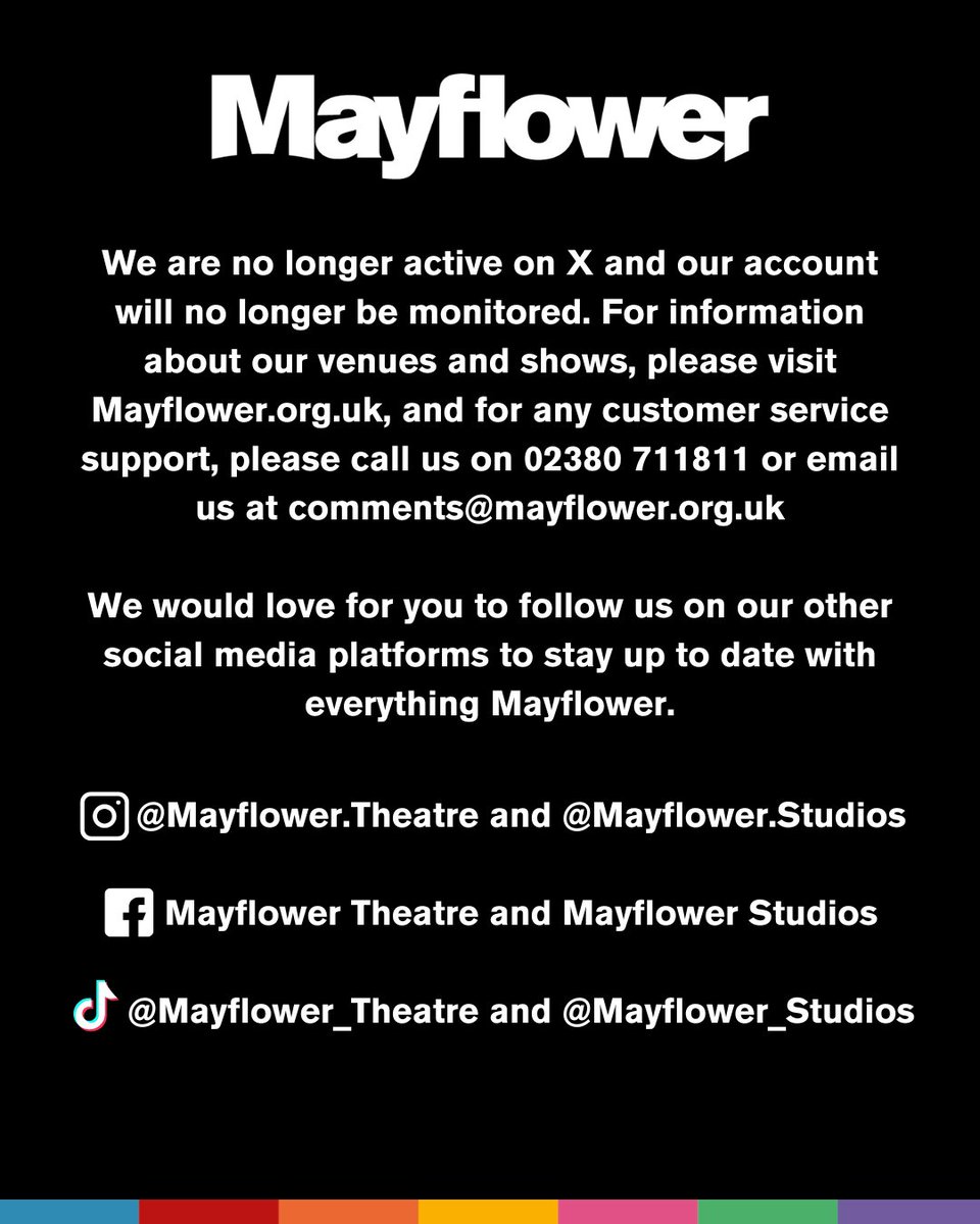 Mayflower Studios (@maststudios) on Twitter photo We are no longer active on X and our account will no longer be monitored. For information about our venues and shows, please visit Mayflower.org.uk, and for any customer service support, please call us on 02380 711811 or email us at comments@mayflower.org.uk We are no longer active on X and our account will no longer be monitored. For information about our venues and shows, please visit Mayflower.org.uk, and for any customer service support, please call us on 02380 711811 or email us at comments@mayflower.org.uk