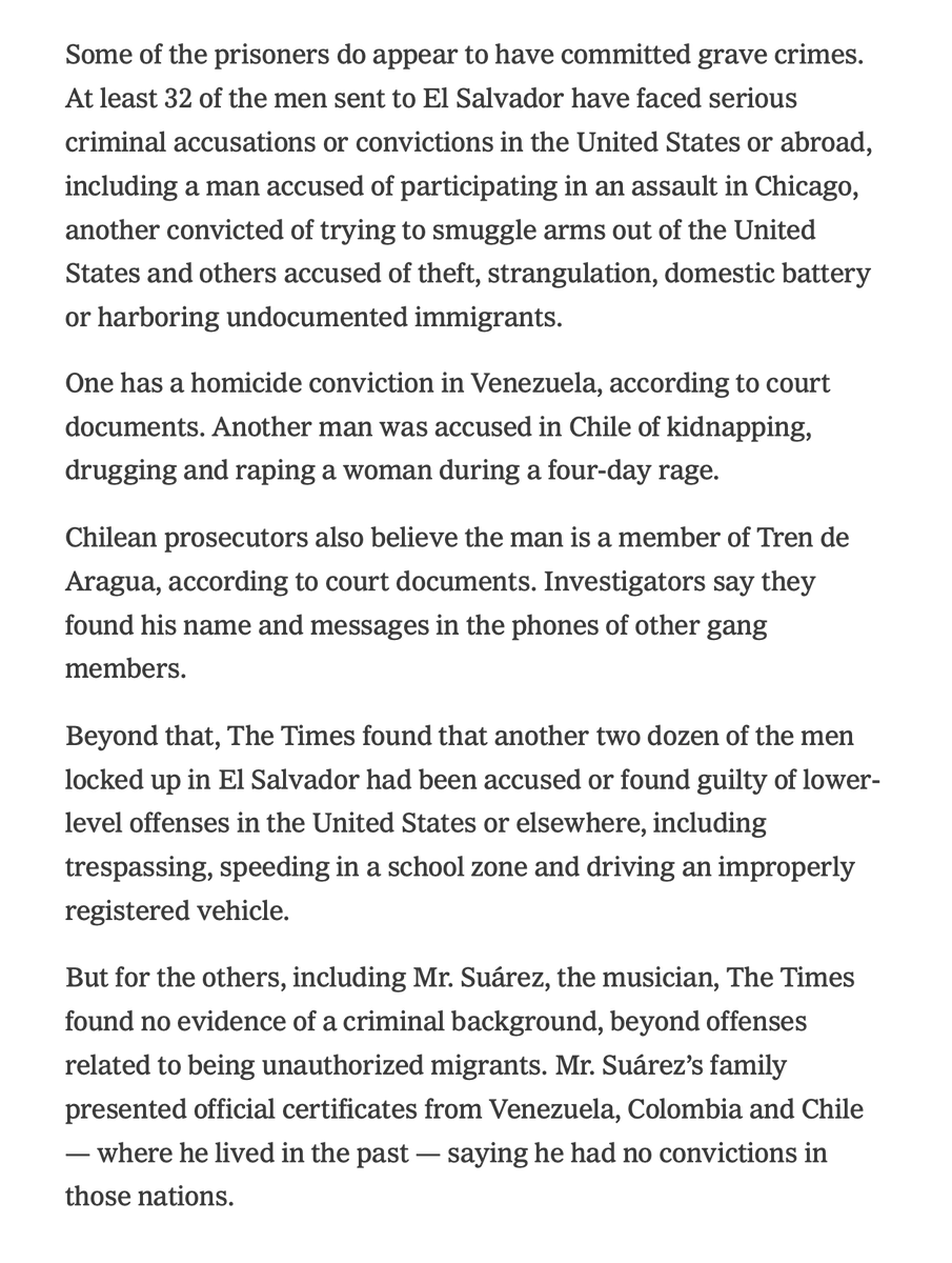 The NYT looked into 238 names shipped to El Salvador for allegedly being gang members.

They find evidence that 32 committed serious crimes. The rest appear to have had minor infractions or no known criminal record or documented gang ties at all.  

This is simply a war crime.