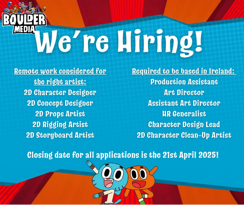 Boulder Media (@bouldermedialtd) on Twitter photo Folks - we're Crewing up!✨
We have some great opportunities available for both remote work and applicants based in Ireland.
Visit this link to our application portal where all current hiring positions are listed & apply before April 21st: 63cfe2b674b466401a5d1aa2.kenjo.io
Best of luck! 😎 Folks - we're Crewing up!✨
We have some great opportunities available for both remote work and applicants based in Ireland.
Visit this link to our application portal where all current hiring positions are listed & apply before April 21st: 63cfe2b674b466401a5d1aa2.kenjo.io
Best of luck! 😎