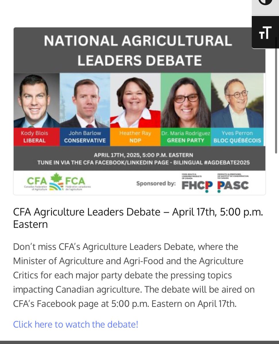 Not sure how many are aware, but there will be an Agricultural Leaders Debate in one of Canada’s most important elections to date. 

It’s being streamed on Facebook or Linked In. 

cfa-fca.ca 

April 17th 5pm Eastern time. 

Please share and retweet. I had to dig to
