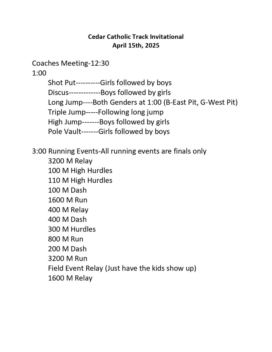 Good luck to our Wolfpack Track &amp; Field team at the Cedar Catholic Invite today hosted at the Hartington Sports Complex!  Field events  are set to begin at 1 pm with running events to start at 3 pm.  Go Pack Go!