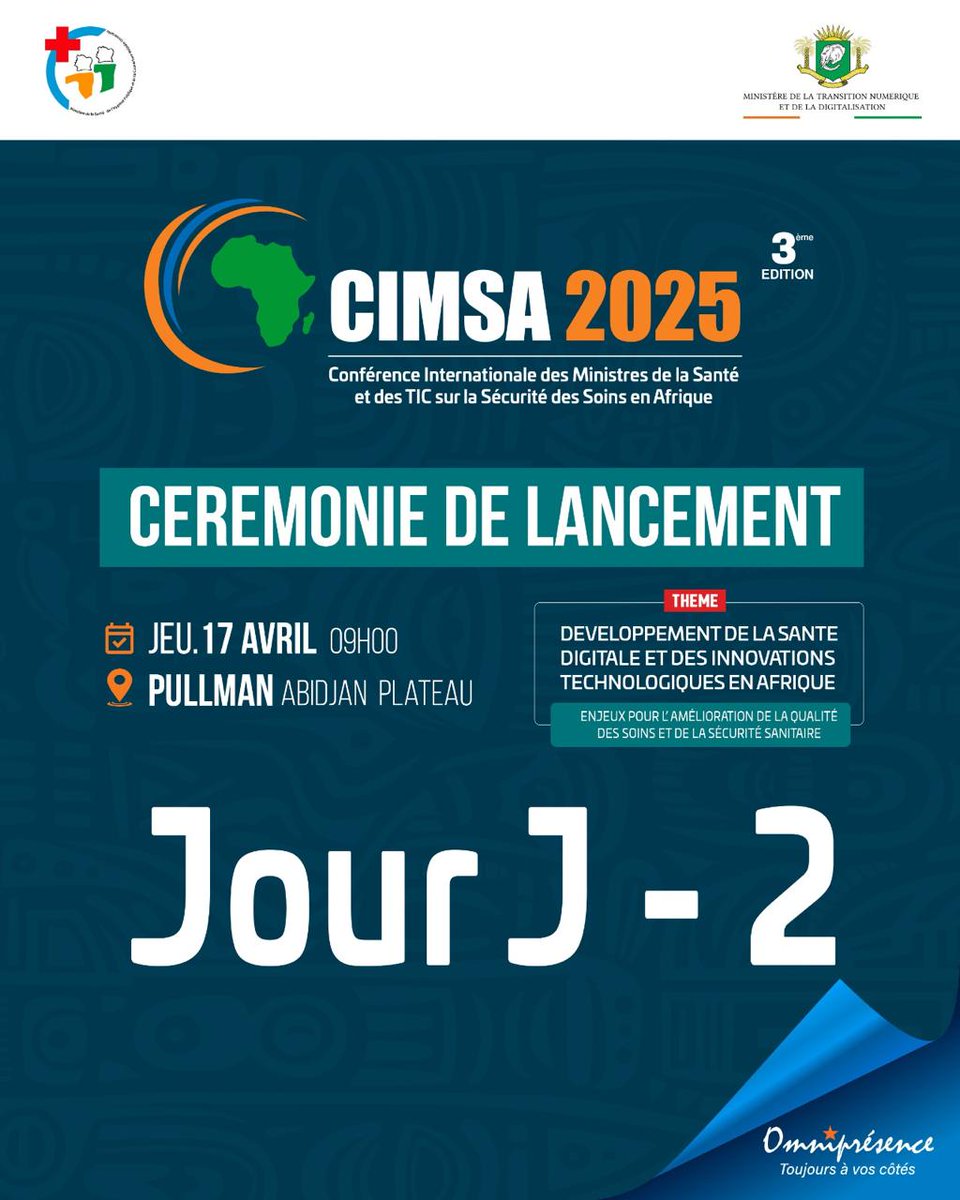 🎉 LANCEMENT OFFICIEL DE LA CIMSA 2025 – 3e ÉDITION 
Cérémonie de lancement de la CIMSA 2025, placée sous la co-présidence des Ministres  Pierre DIMBA, Ministre de la Santé, de l’Hygiène Publique et de M.Kalil KONATÉ, Ministre de la Transition Numérique et de la Digitalisation