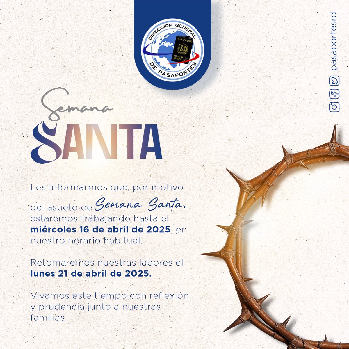 Esta Semana Santa hacemos una pausa en nuestras funciones cotidianas. Laboraremos hasta este miércoles 16 y retornamos el lunes 21, recordando que estos días son una oportunidad para reflexionar y pasar más tiempo junto a nuestros seres queridos.

Gracias por su paciencia y