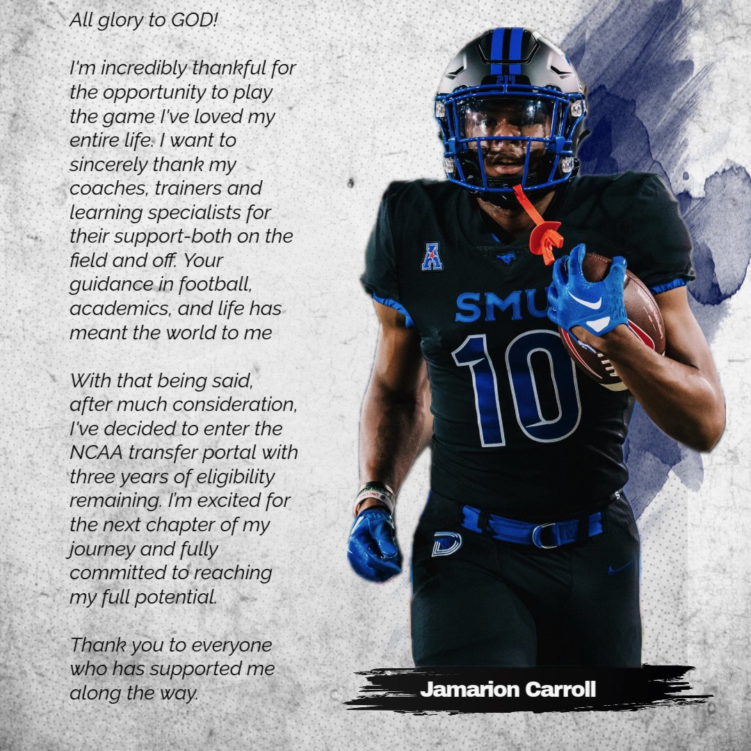 NEW: SMU WR Jamarion Carroll will enter the NCAA Transfer Portal, according to his representatives. Carroll signed with the Mustangs in the 2023 class and will have three years of eligibility remaining