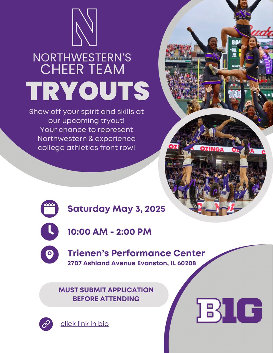 NORTHWESTERN CHEER TRYOUTS
🗓️ Saturday May 3, 2025
⏰ 10:00AM - 2:00PM
📍 Trienens Performance Center
📱 DM to let us know you’ll be there!
🔗 Link in our bio to register

#northwestern #gymnastics #cheer #cheerleading #dance #tumble #stunt #NorthwesternUniversity #WildcatWelcome