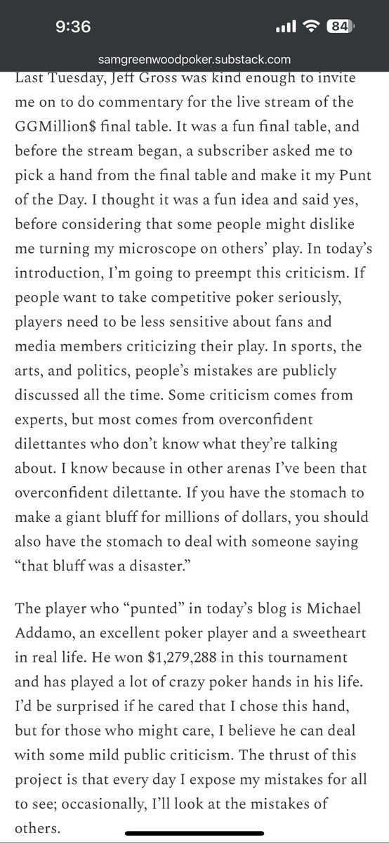 Sam Greenwood (@samgreenwoodrio) on Twitter photo In this week’s free post I analyze a hand played by “sweetheart” <a href="/michael_addamo/">Michael Addamo</a> when he was heads up in last week’s GGMillion$ In this week’s free post I analyze a hand played by “sweetheart” <a href="/michael_addamo/">Michael Addamo</a> when he was heads up in last week’s GGMillion$