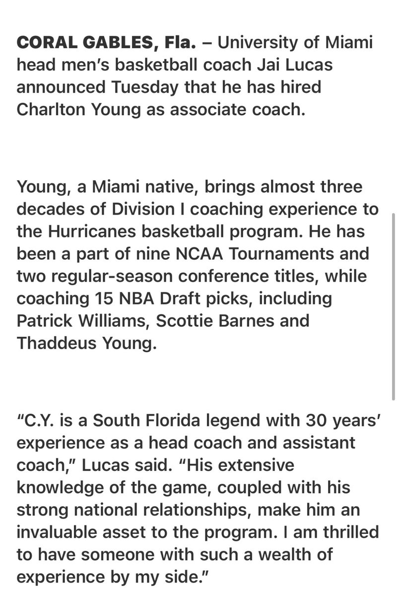 The Hurricanes have hired Charlton Young to join Jai Lucas’ coaching staff, UM announced.