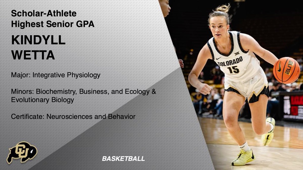 The Morgan Family Buff Club Scholar-Athlete Award: Kindyll Wetta, <a href="/CUBuffsWBB/">Colorado Women's Basketball 🦬</a> 🏅

Awarded to the student-athlete of the senior class who accumulated the highest GPA in their class.  

#GoBuffs | <a href="/kindyllwetta_/">Kindyll Wetta</a>