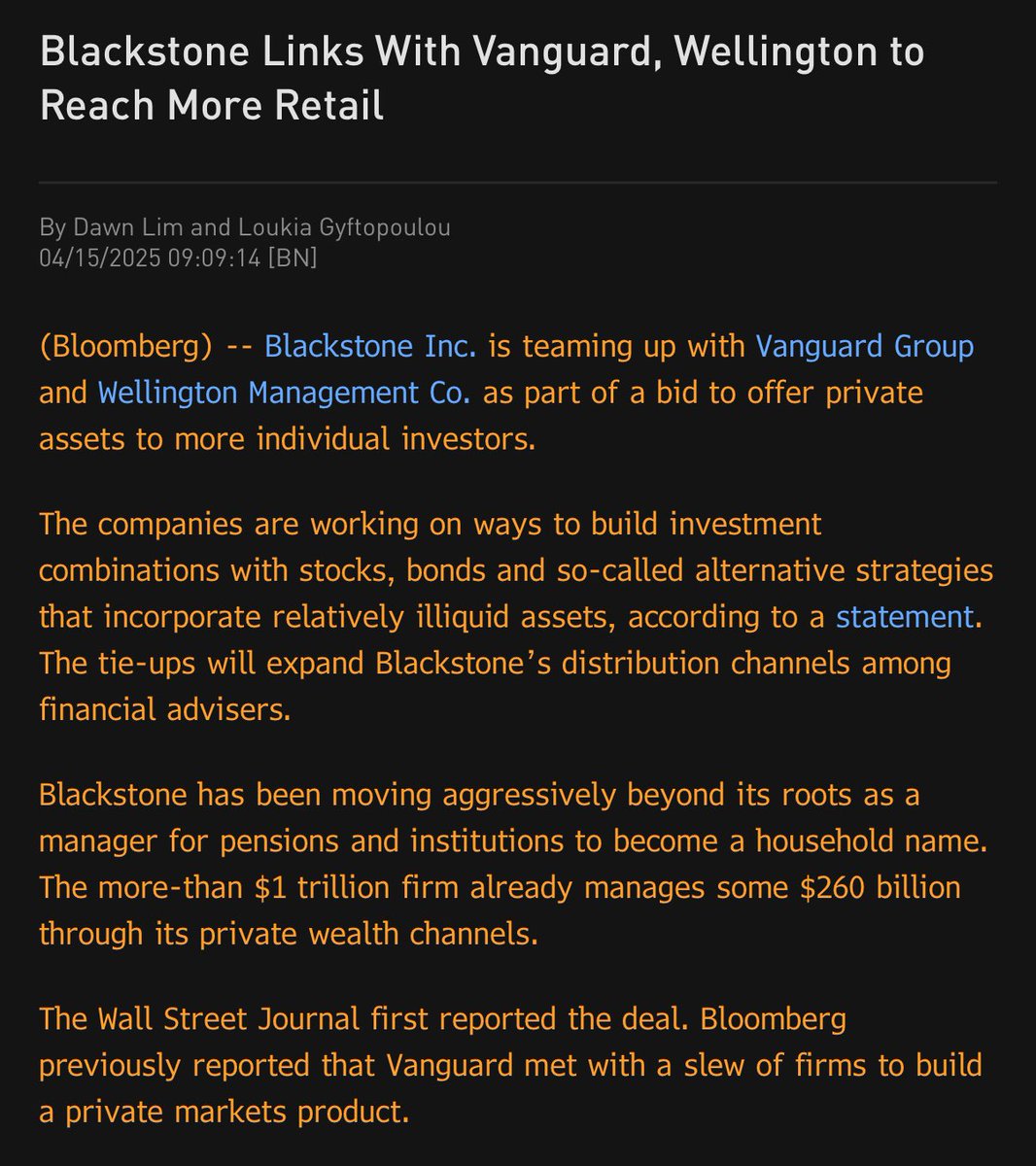 HUGE: Blackstone teaming up w Vanguard to offer privates to retail. Asset mgmt equiv of Luka going to Lakers.