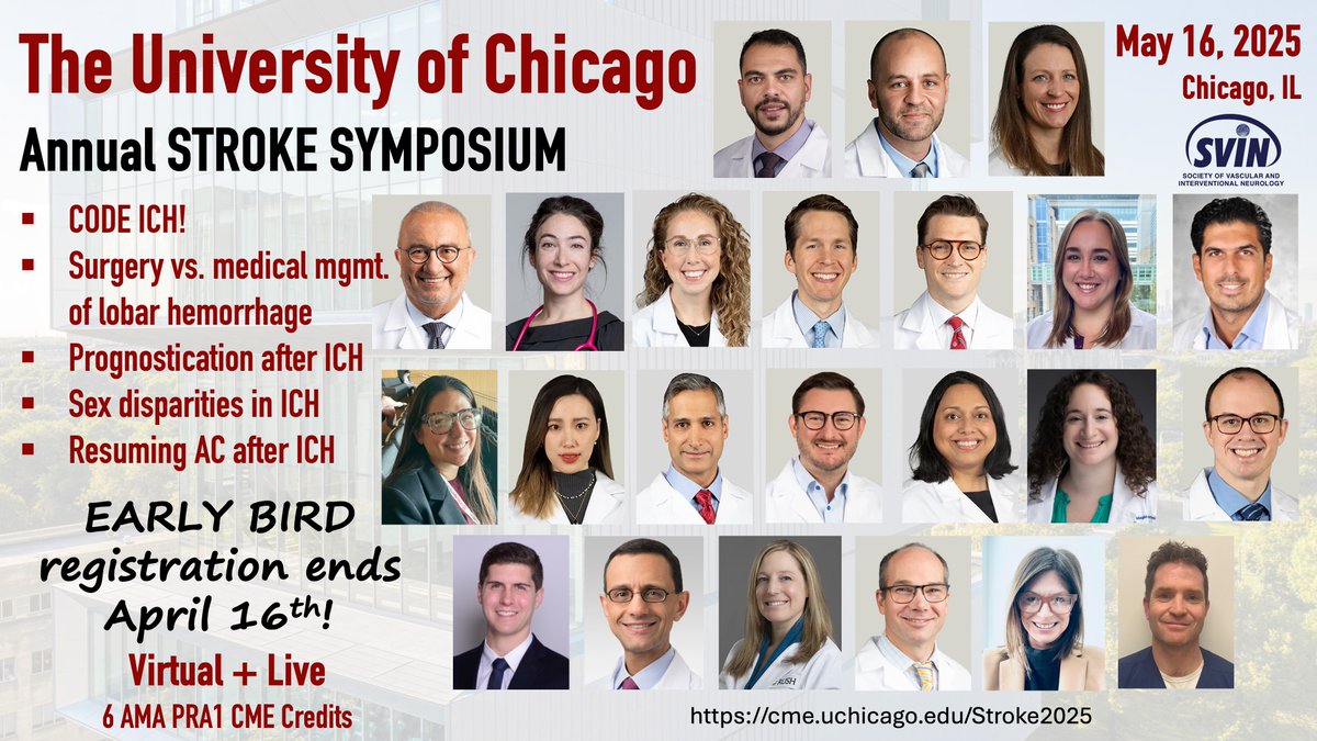 24 hours until Early Bird registration ends for CODE ICH!

2nd Annual University of Chicago Stroke Symposium is on May 16, 2025. 

✅ Live and virtual options
✅ Nursing, Pharmacology, EMS, Critical Care content
✅ Trainee discount pricing

See you there!

cme.uchicago.edu/Stroke2025
