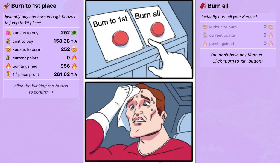 Finally released the ☢️NUKE☢️ functionality to level the playing field (lol) between technical and non-technical participants

☢️NUKE☢️ let's you sweep the floor of <a href="/Formachain/">Forma 🎭</a> buying just enough Kudzu and burning them to put you in 1st place 🥇

Currently 158.38 $TIA is the cost