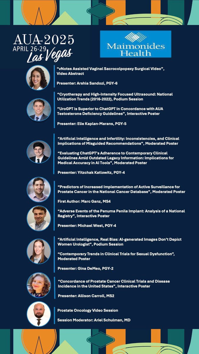 Maimonides Urology Residency (@maimourology) on Twitter photo 5 residents, 1 future resident, 1 medical student, and 1 attending will be representing Maimo at #AUA2025 🎉
Congrats <a href="/ASandozi/">Arshia Sandozi, DO, MPH</a> <a href="/Doctor__KM/">Elie Kaplan-Marans, MD</a> #EitanKatlowitz <a href="/Marc_Ganz/">MG</a> <a href="/m_west42/">Michael West</a> <a href="/UroloGina/">Gina DeMeo, DO</a> #AllisonCarroll <a href="/aschulman01/">Ariel Schulman</a> 5 residents, 1 future resident, 1 medical student, and 1 attending will be representing Maimo at #AUA2025 🎉
Congrats <a href="/ASandozi/">Arshia Sandozi, DO, MPH</a> <a href="/Doctor__KM/">Elie Kaplan-Marans, MD</a> #EitanKatlowitz <a href="/Marc_Ganz/">MG</a> <a href="/m_west42/">Michael West</a> <a href="/UroloGina/">Gina DeMeo, DO</a> #AllisonCarroll <a href="/aschulman01/">Ariel Schulman</a>