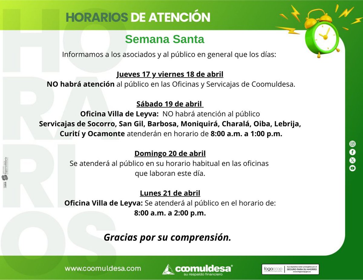 Coomuldesa's tweet image. #TengaEnCuenta #Horarios #SemanaSanta 🧐 ✅
Informamos a nuestros asociados y al público en general la modificación al horario de atención para Semana Santa en nuestra red de oficinas, gracias por la comprensión.
